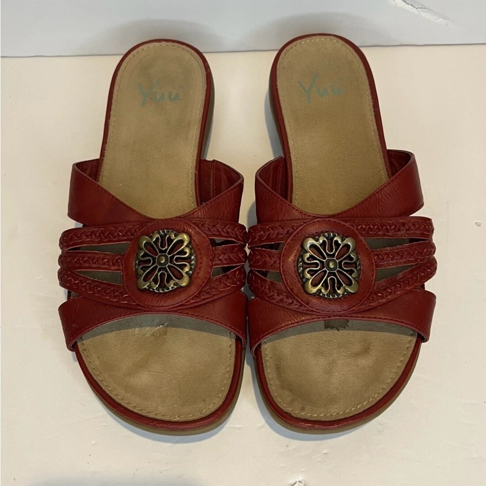 Yuu Red Sandals with Braided Straps and Metallic Accent 11 M